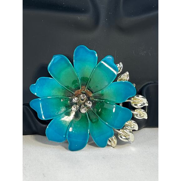 Vintage Coro Flower Brooch Teal Blue Enamel Rhinestone Leaves MCM Ornate RARE - Picture 1 of 16